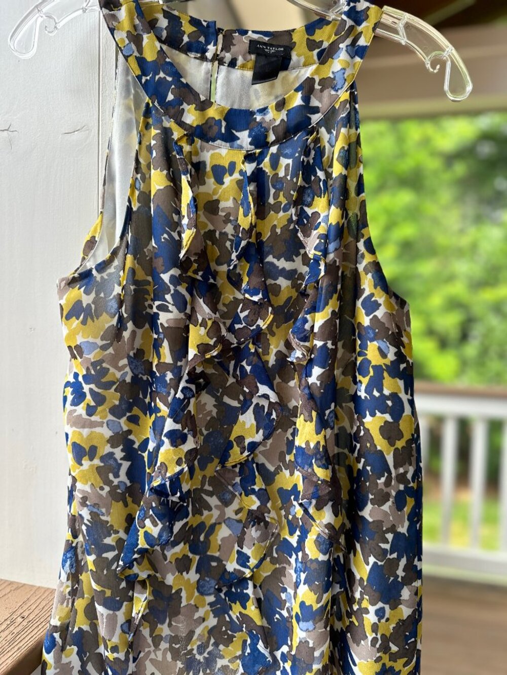 Ann Taylor Sleeveless Ruffle Front Halter Blouse Blue Yellow Floral Size 12 (L)